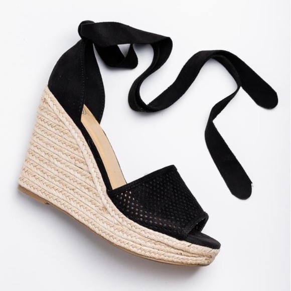 Black Espadrille Ankle Wrap Ribbon Wedge Sandals - Picture 3 of 4